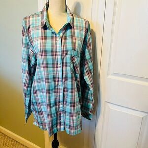 Victoria’s Secret Blue Pink‎ Plaid Sleepshirt Long Sleeve Button Front Medium
